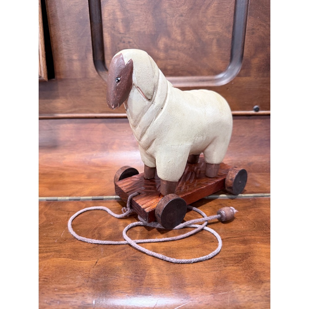Vintage Hand Carved Wooden Sheep Pull Toy Rustic Folk Art Figurine Rolling Base